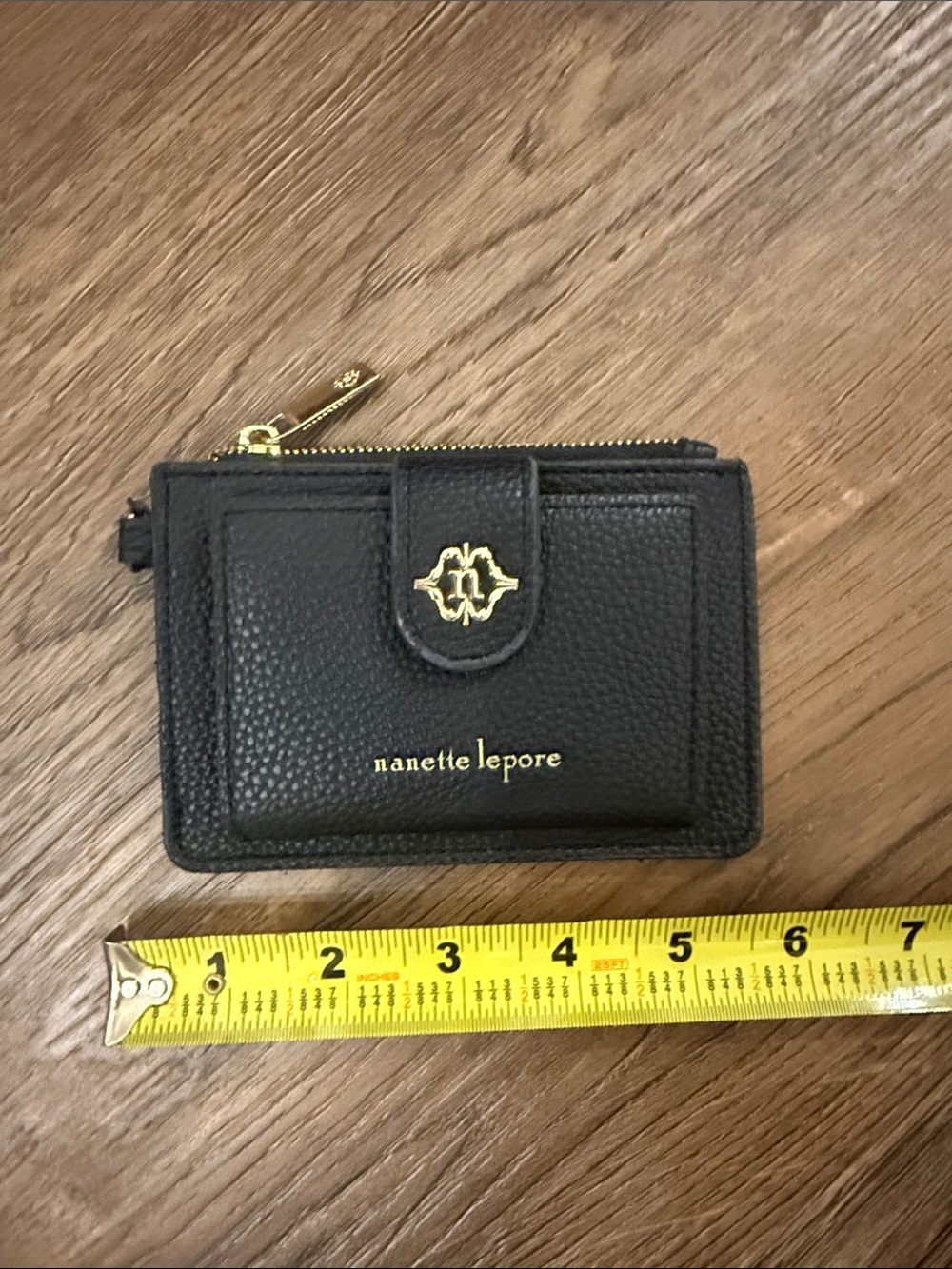 Nanette Lepore Black Pebbled Leather Card & Key Holder with Gold Hardware